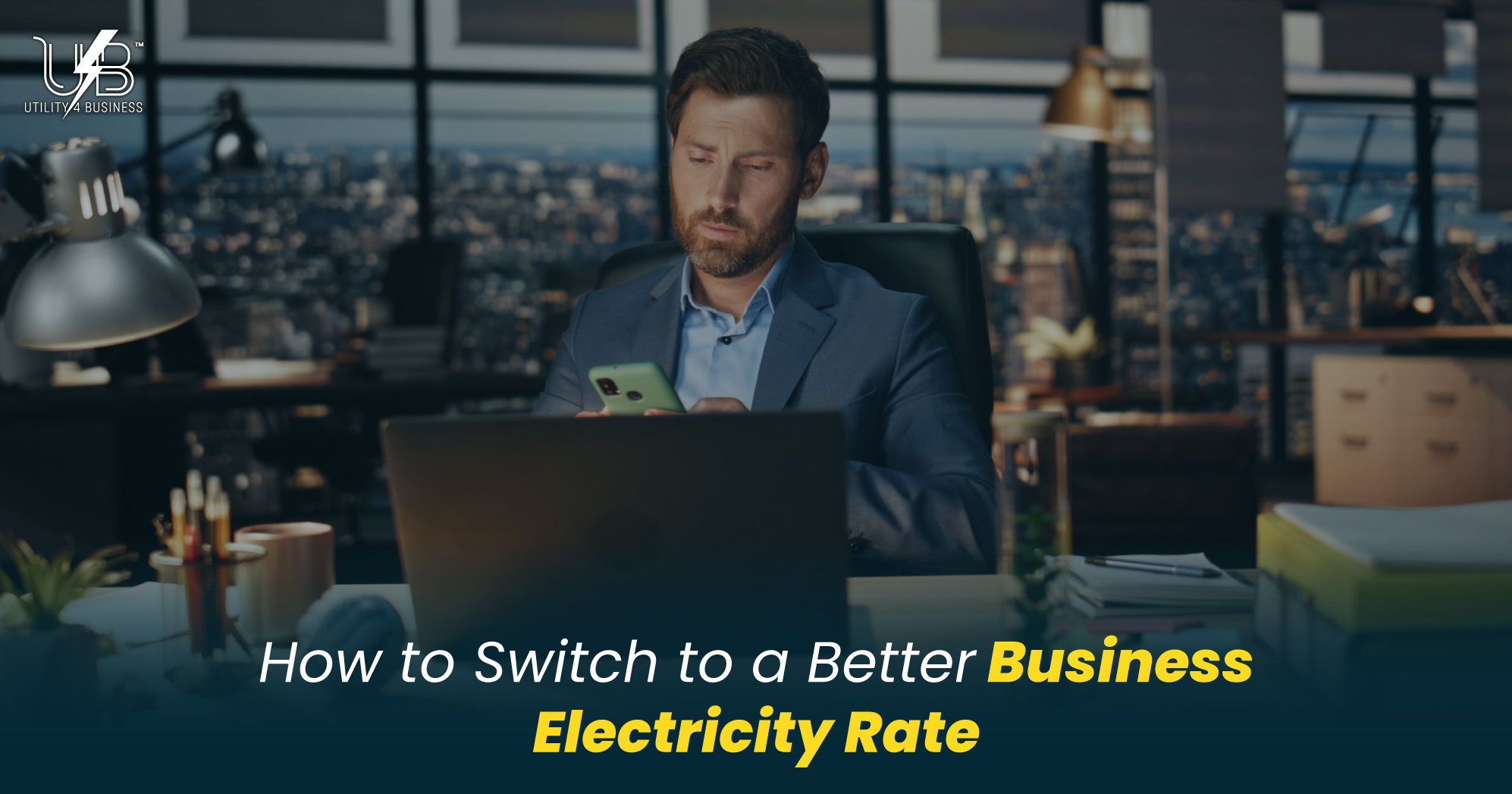 Business owner comparing electricity rates on laptop in modern office to switch providers and save on energy costs